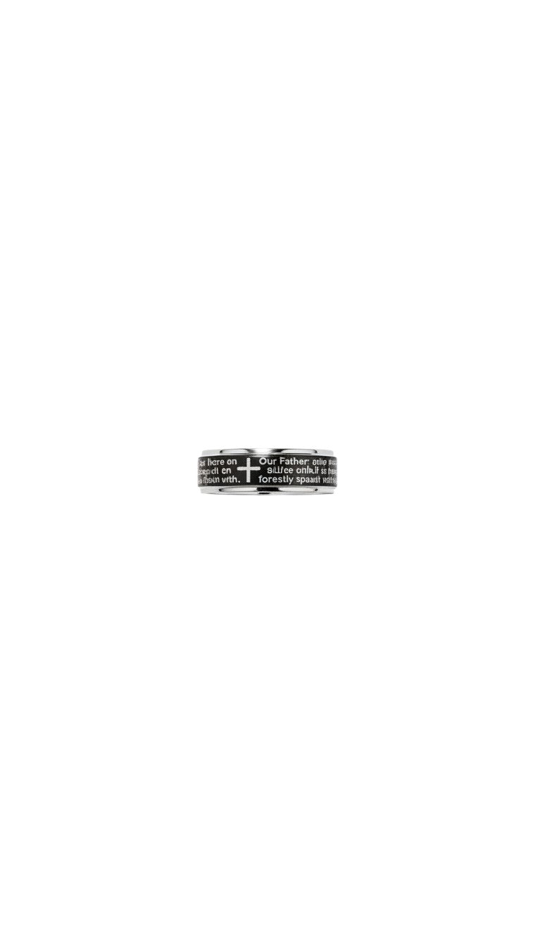 KM Jewelry Co. men's polished stainless steel band ring with engraved prayer details and a cross.