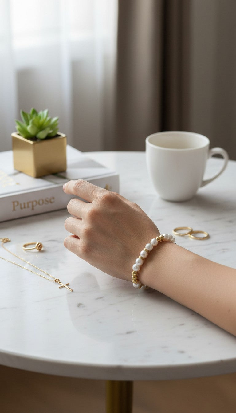 KM Jewelry Co. Glass pearl beaded stretch bracelet with 8mm beads and 18K gold PVD accents.