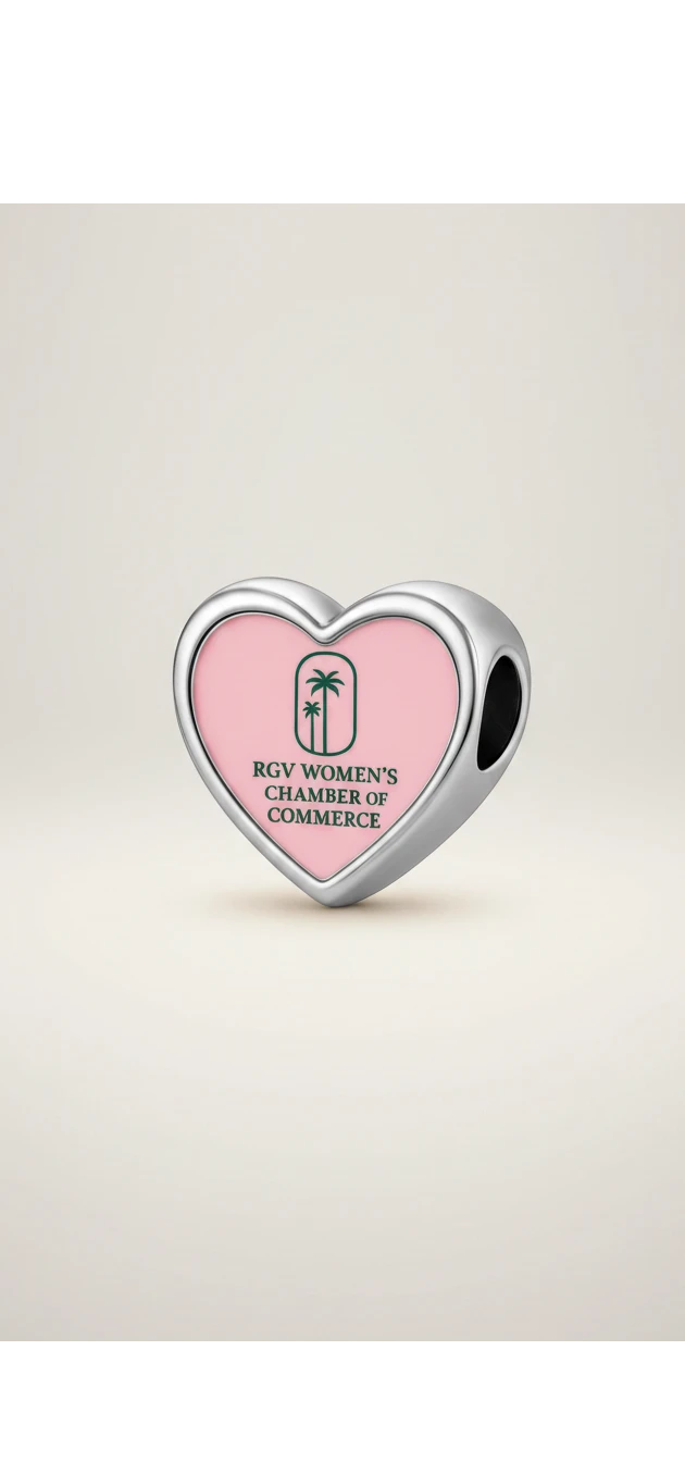 KM Jewelry Co. sterling silver heart charm with pink enamel and RGV Women's Chamber of Commerce logo featuring palm trees.