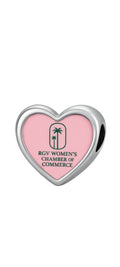 KM Jewelry Co. sterling silver heart charm with pink enamel and RGV Women's Chamber of Commerce logo featuring palm trees.