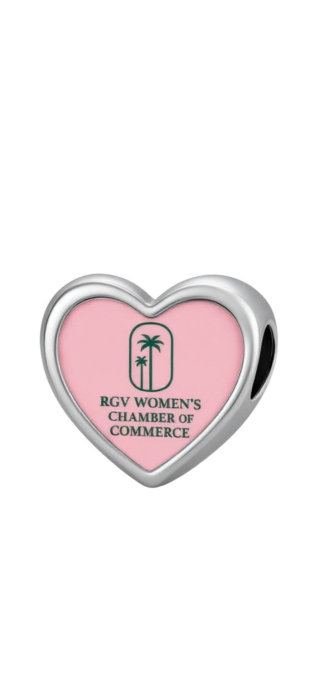 KM Jewelry Co. sterling silver heart charm with pink enamel and RGV Women's Chamber of Commerce logo featuring palm trees.