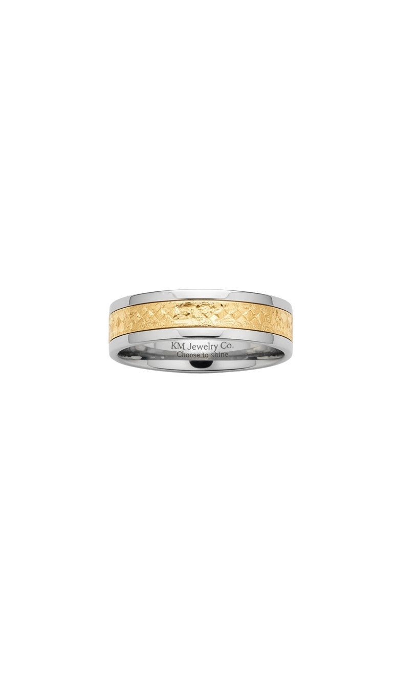 KM Jewelry Co. Two-tone textured band ring with polished silver and gold inlay, suitable for men and women.